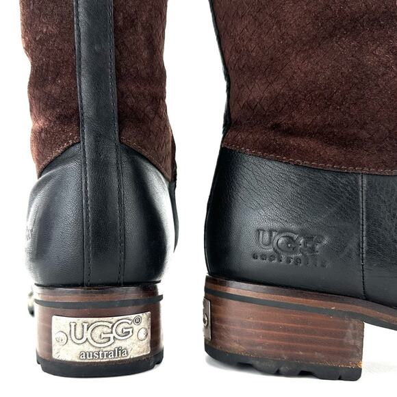 Ugg Australia Knee High Winter Boots Sz 11 Black Leather Brown Suede Wool Lining - Picture 11 of 15